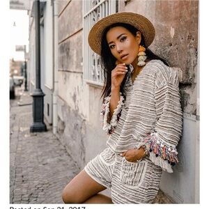 Moon River tan boho linen blend bell sleeve top/short set rainbow tassels sz S/L